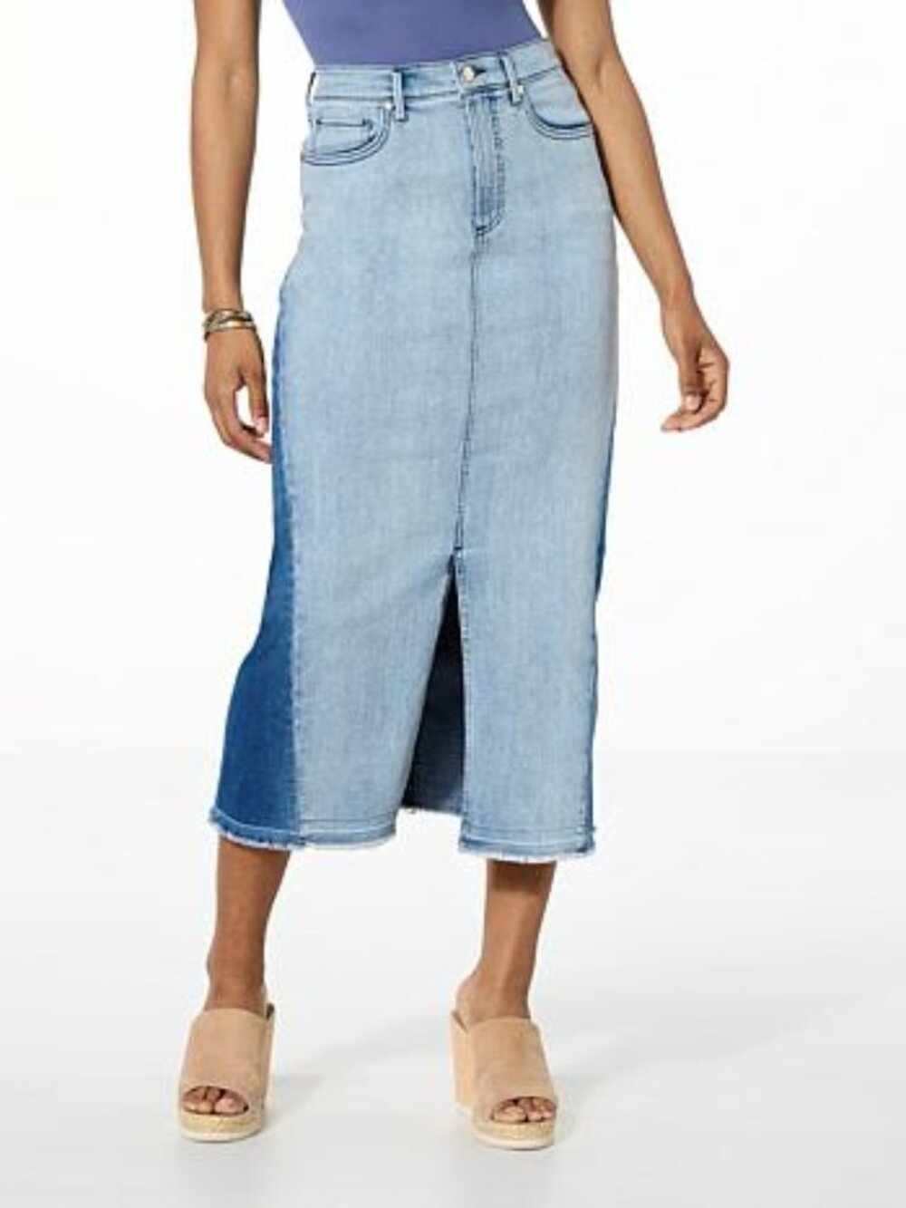 C WONDER by CHRISTIAN SIRIANO Godet Denim Skirt 2 XS Rain Wash Blue Colorblock